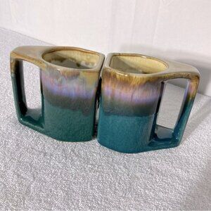 Vintage Rodolfo Padilla Artist Signed Green Purple Drip Glazed Mugs x2